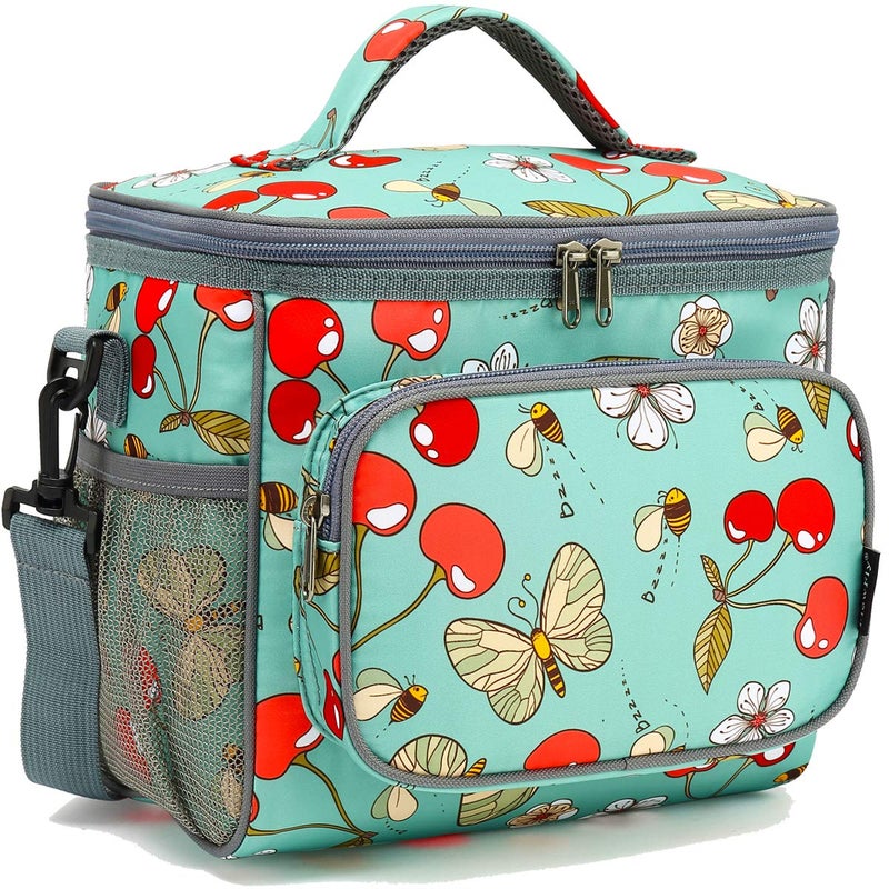 FlowFly Insulated Reusable Lunch Bag Adult Large Lunch Box for Women and Men with Adjustable Shoulder Strap,Front Zipper Pocket and Dual Large Mesh Side Pockets,Cherry - Image 1